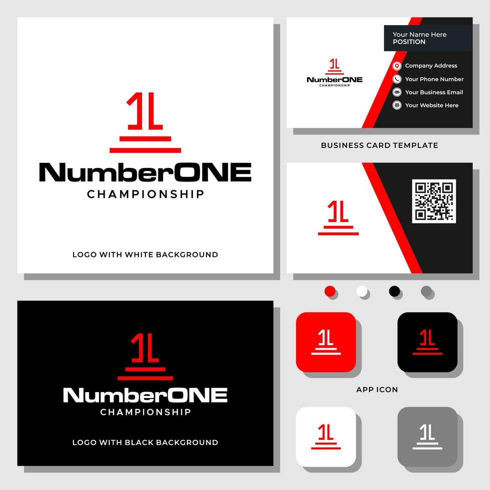 Number 1 and podium logo design with business card template. vector