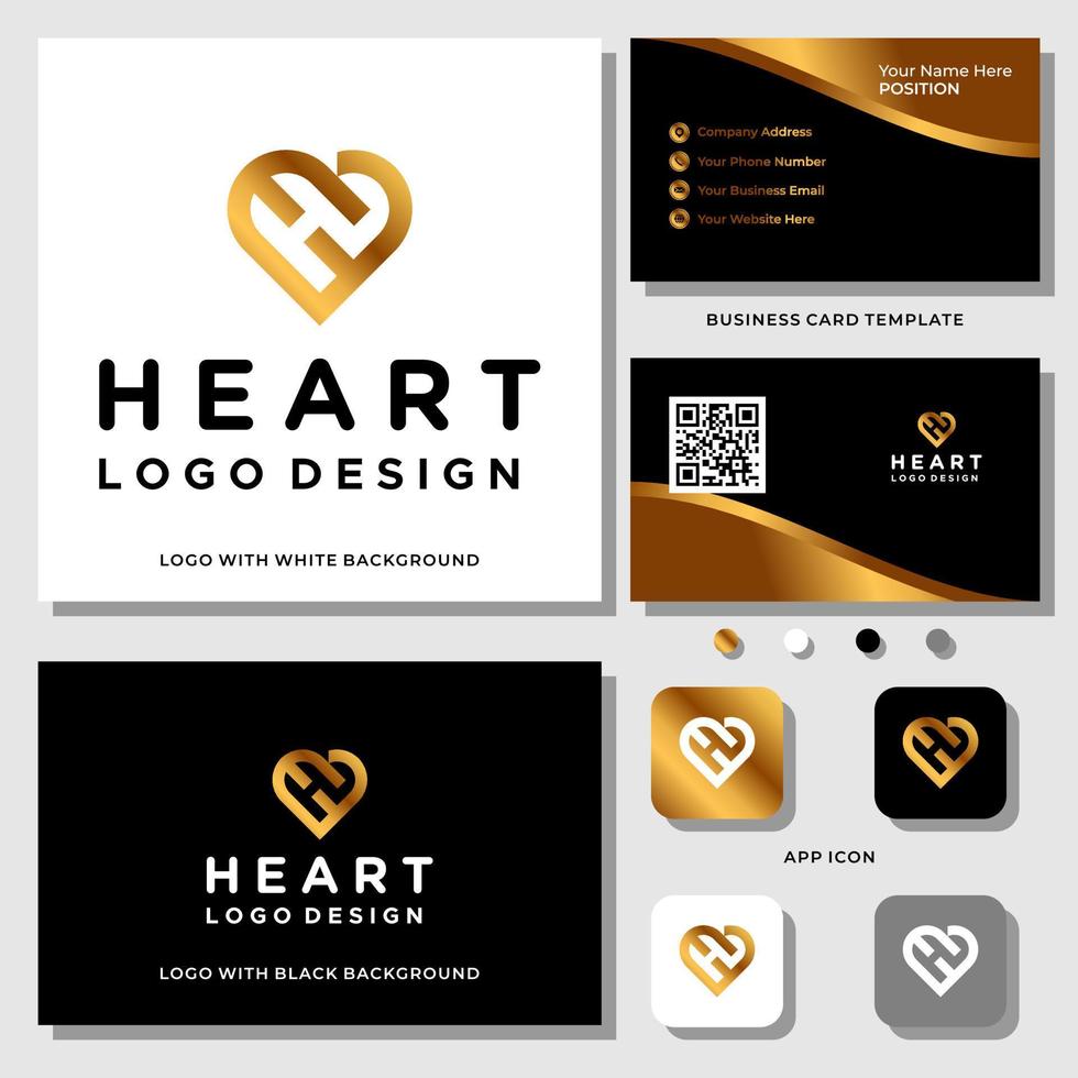 Letra h monograma diseño de logotipo de corazón con plantilla de tarjeta de visita. vector