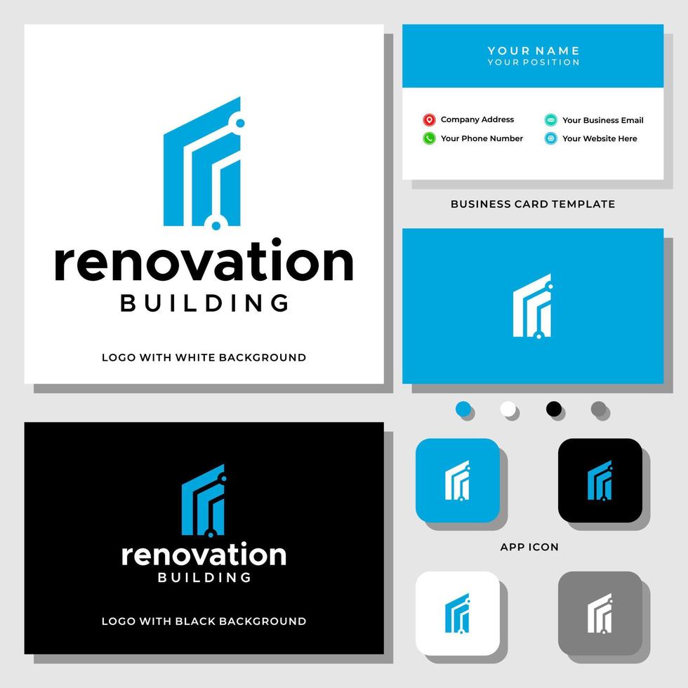 Letter r monogram building logo design with business card template. vector