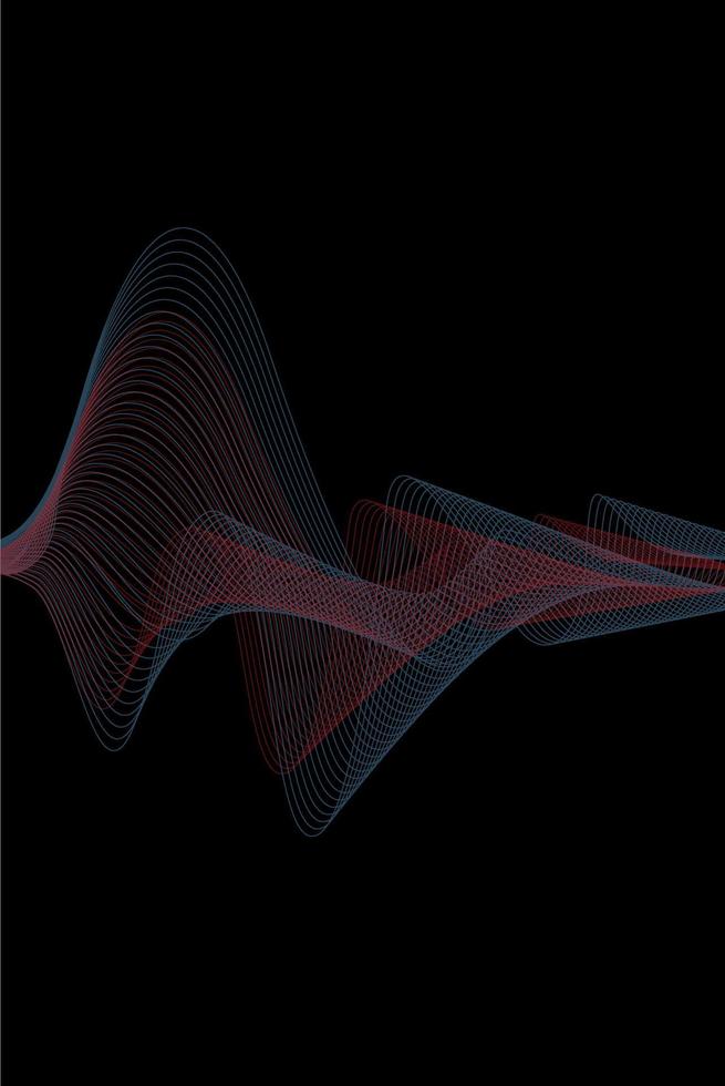 black background with blue and red gradient line art waves. futuristic graphics with sound wave technology concept. digital design with a monochrome cover. modern templates vector