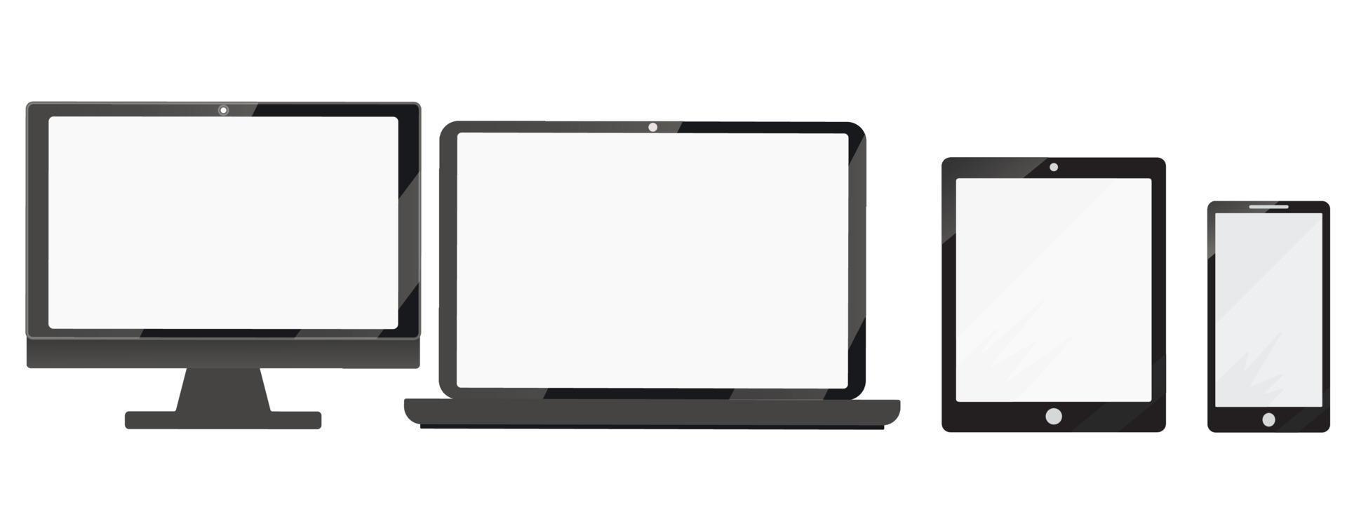 Set mockup computer, laptop, tablet, smartphone. Realistic isolated vector templates
