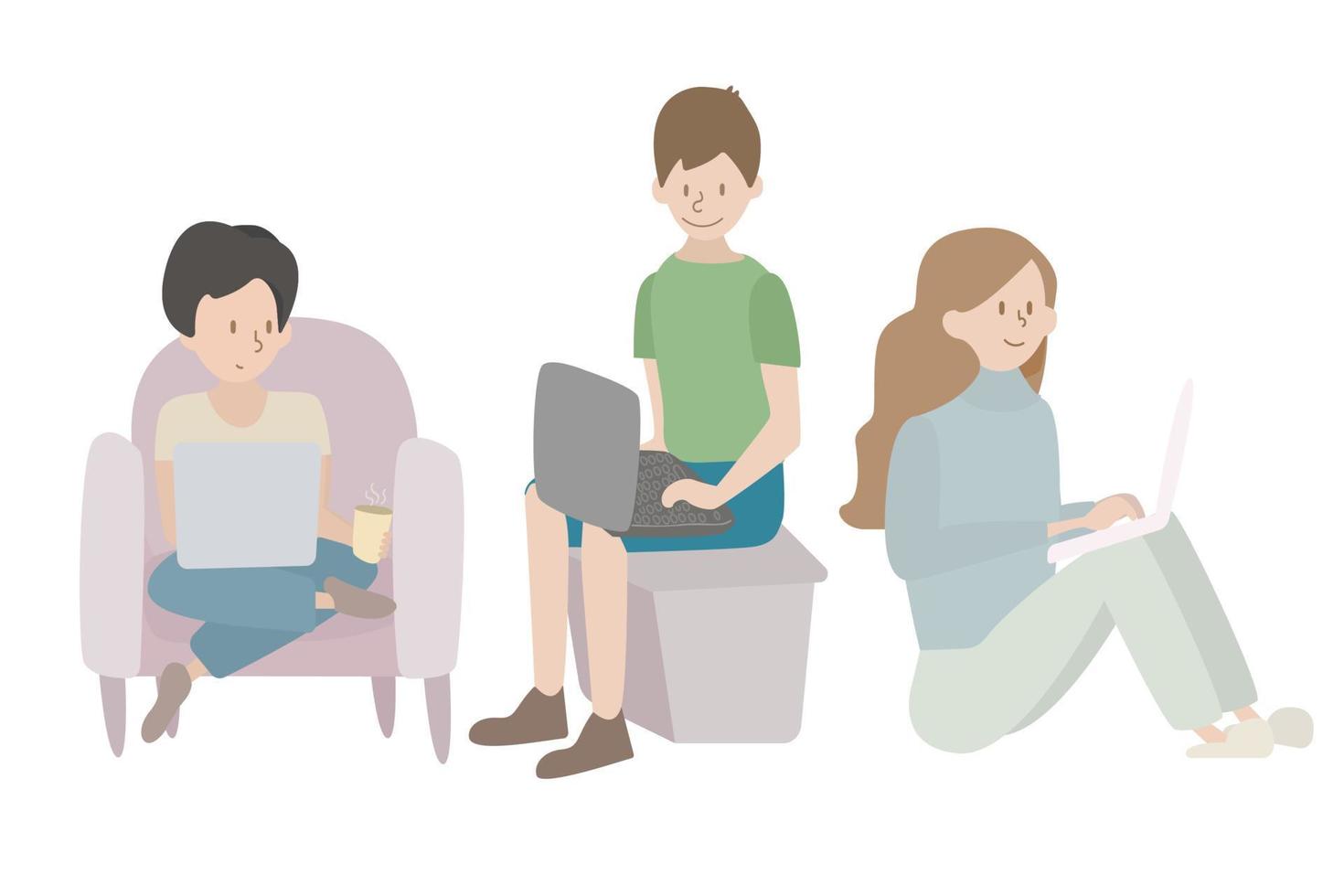 working at home, coworking space, concept illustration. young people, man and woman freelancers working on laptops and computers at home. vector