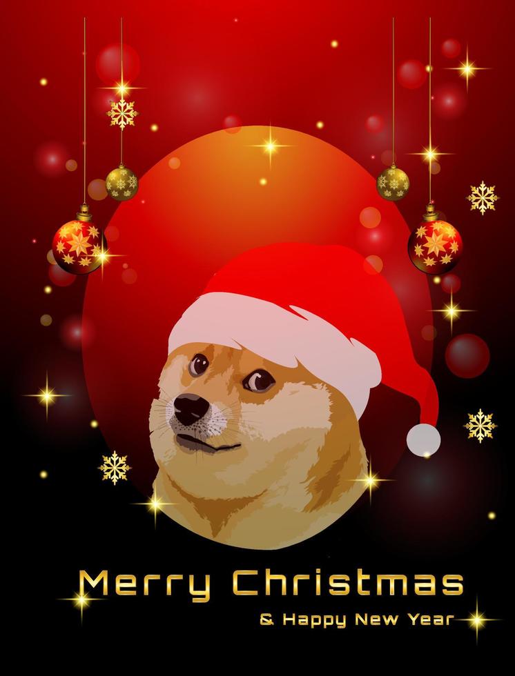 Doge coin cryptocurrency with santa claus hat and christmas background vector