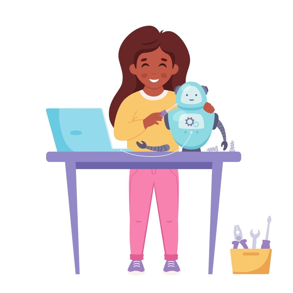 Little girl building a robot. Robotics, programming and engineering for kids vector