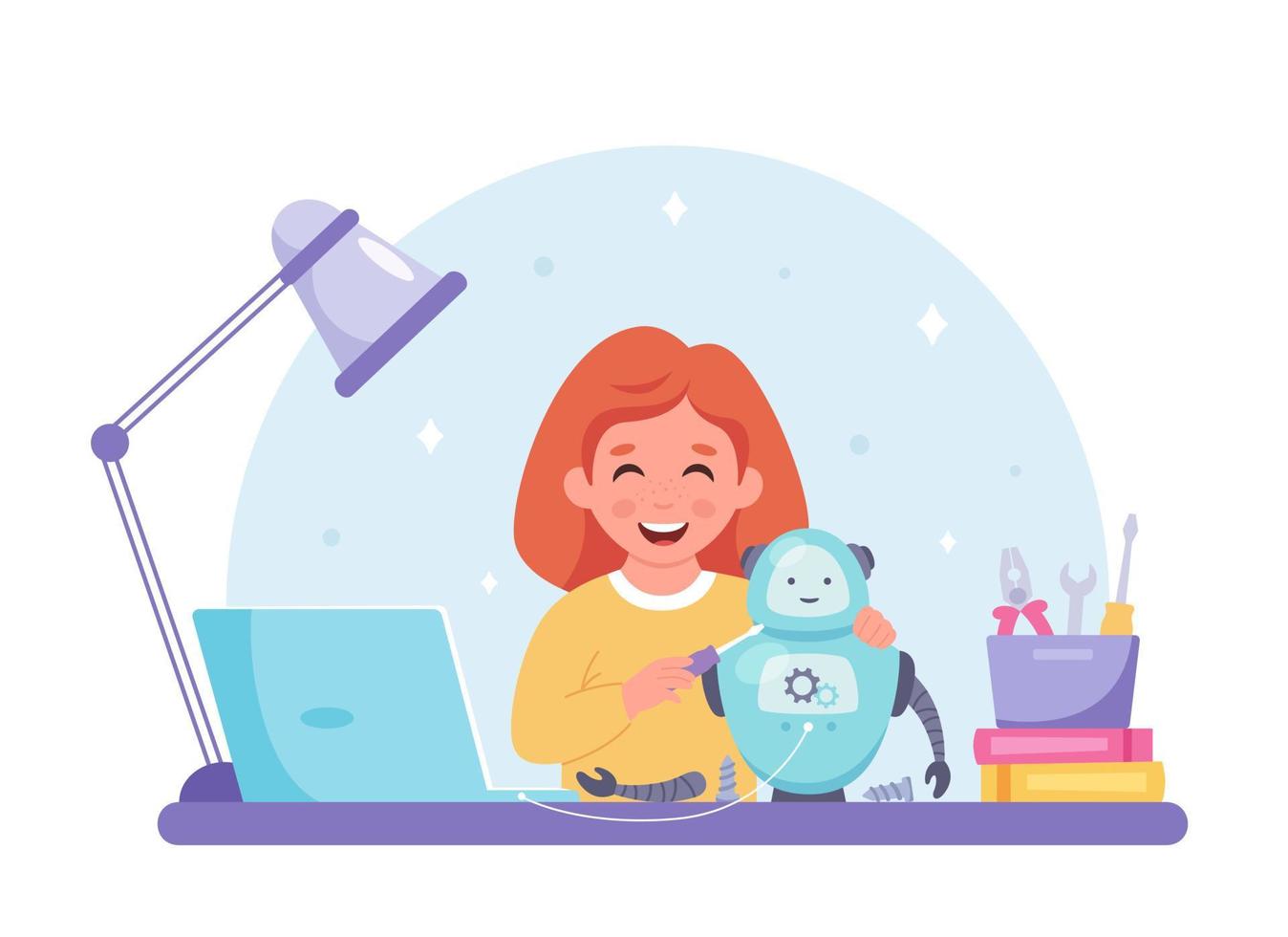 Little girl building a robot. Robotics, programming and engineering for kids vector