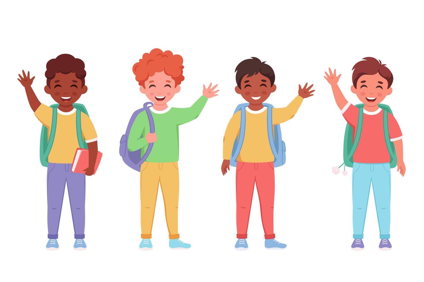 Children of different nationalities with backpacks and books. Kids going to school vector