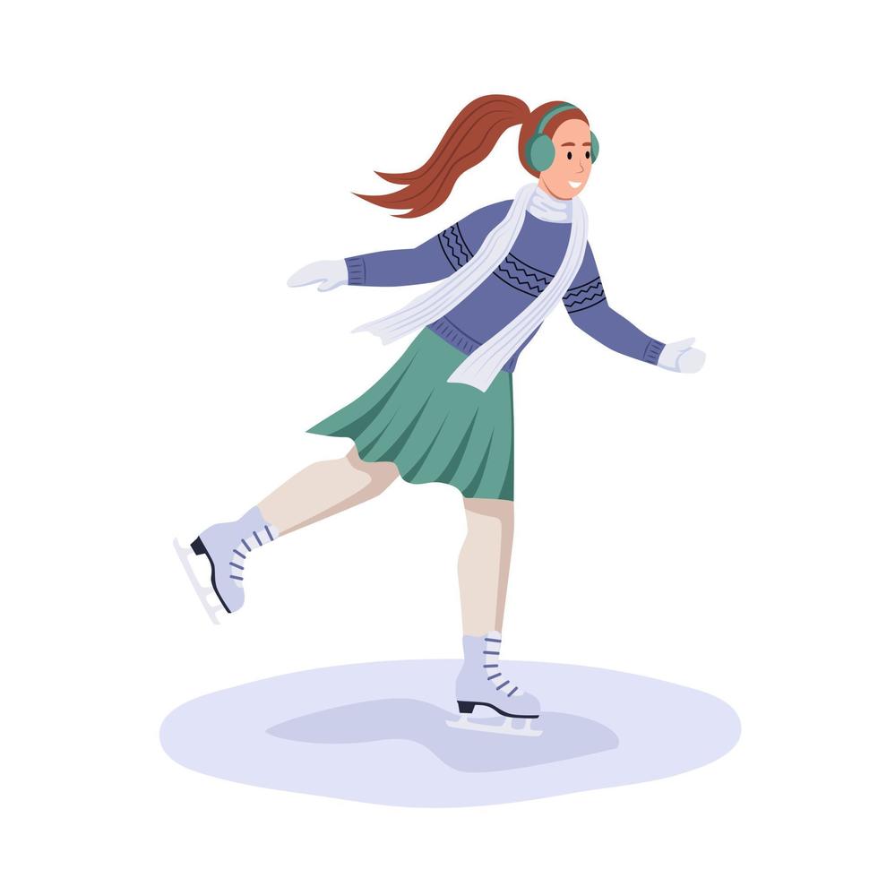 A young woman is skating. Winter fun games. Flat vector illustration