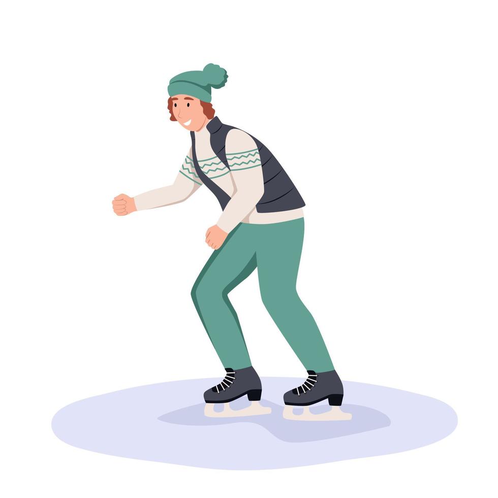 A young man is skating. Winter fun games. Flat vector illustration