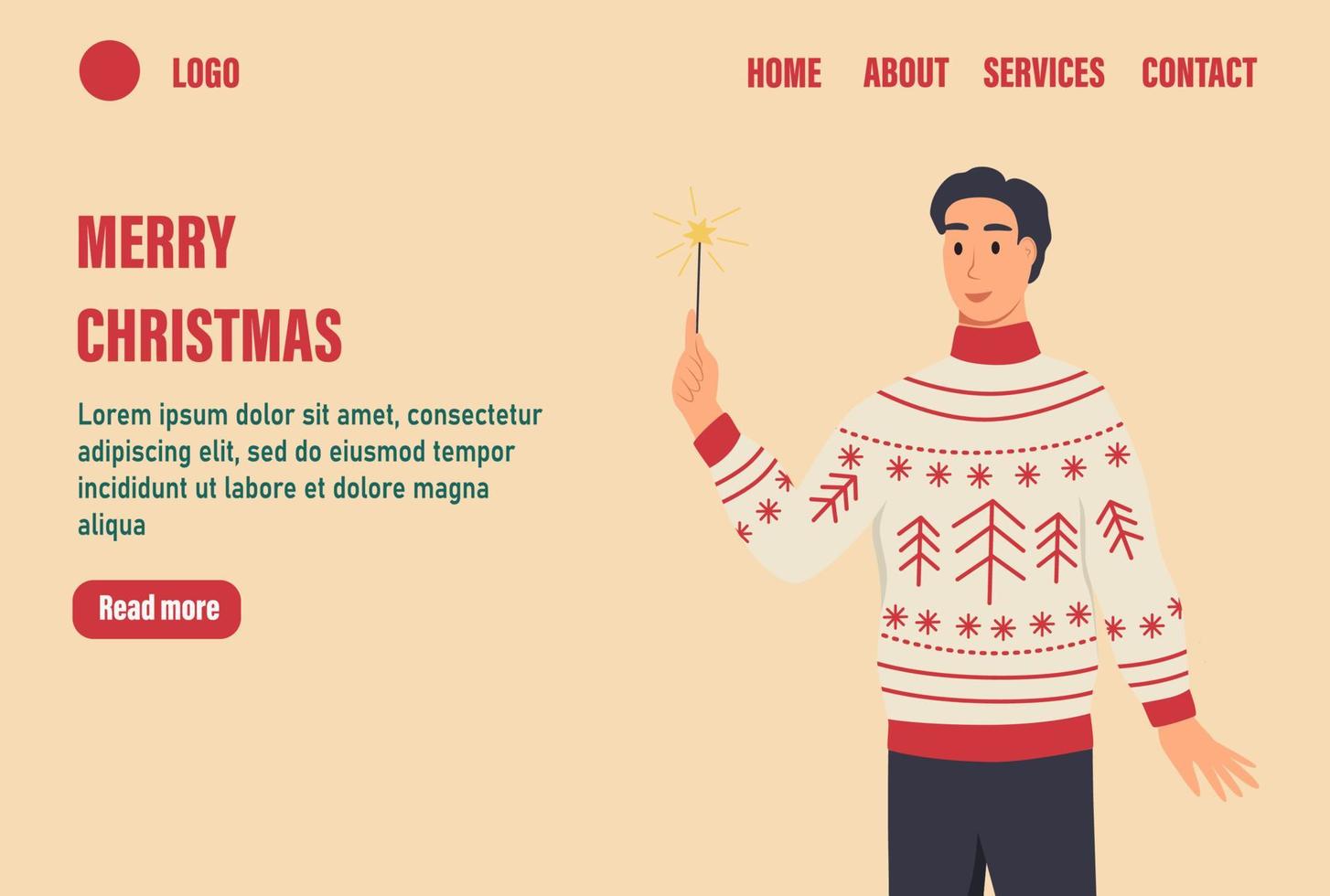 Merry Christmas landing page vector template. Man in ugly sweaters with sparklers. Celebrate traditional winter event web banner. Flat vector illustration