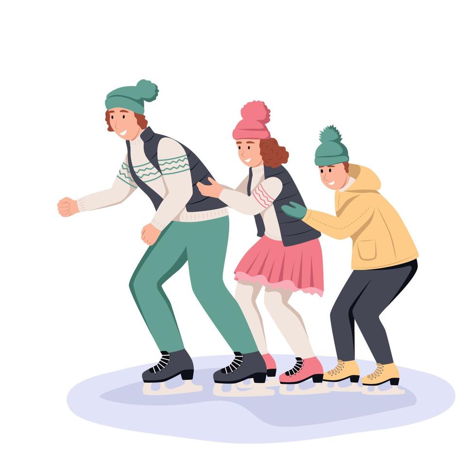 la familia está patinando en la pista de hielo. papá, mamá e hijo se divierten en invierno. ilustración vectorial plana vector