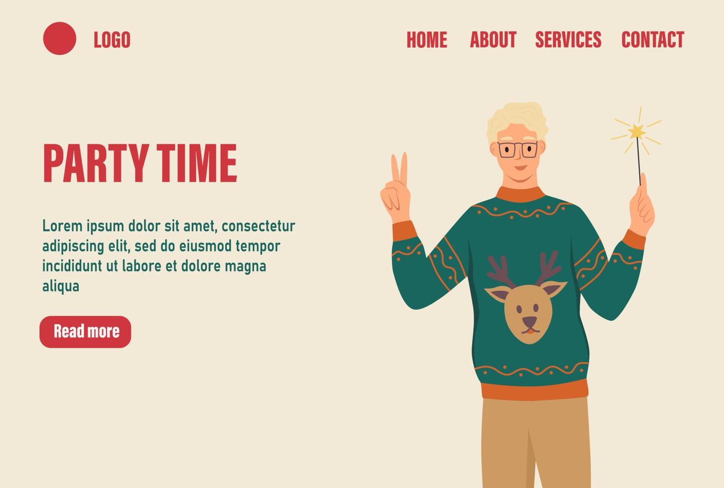 Party Time landing page vector template. Man in ugly sweaters with sparklers. Celebrate traditional winter event web banner. Flat vector illustration