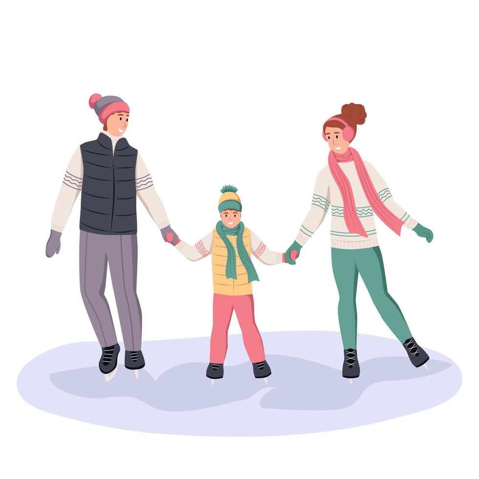 The family is skating at the ice rink. Dad, mom and son have fun in winter. Flat vector illustration