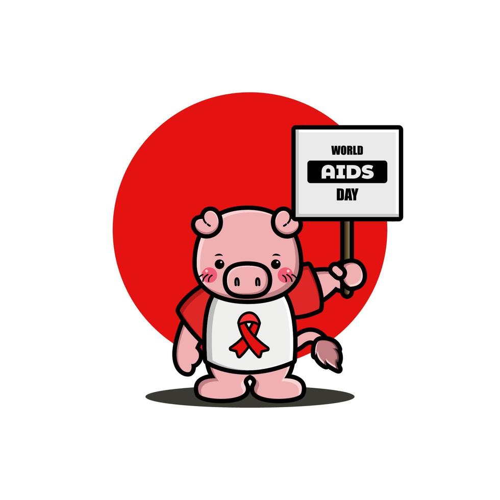 Cute pig holding world aids day sign vector