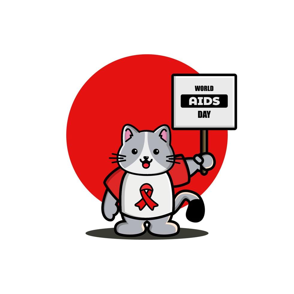 Cute cat holding world aids day sign vector