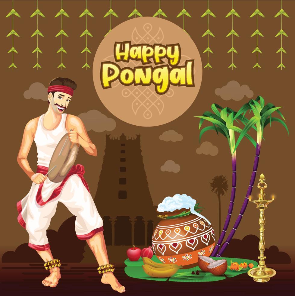 Pongal greetings with Tamil Folk Dancer playing Drum vector