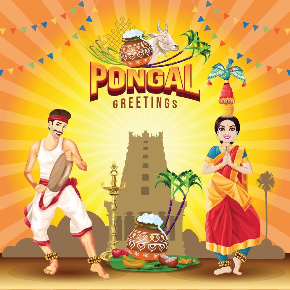 Pongal greetings with tamil folk dance performance celebration vector