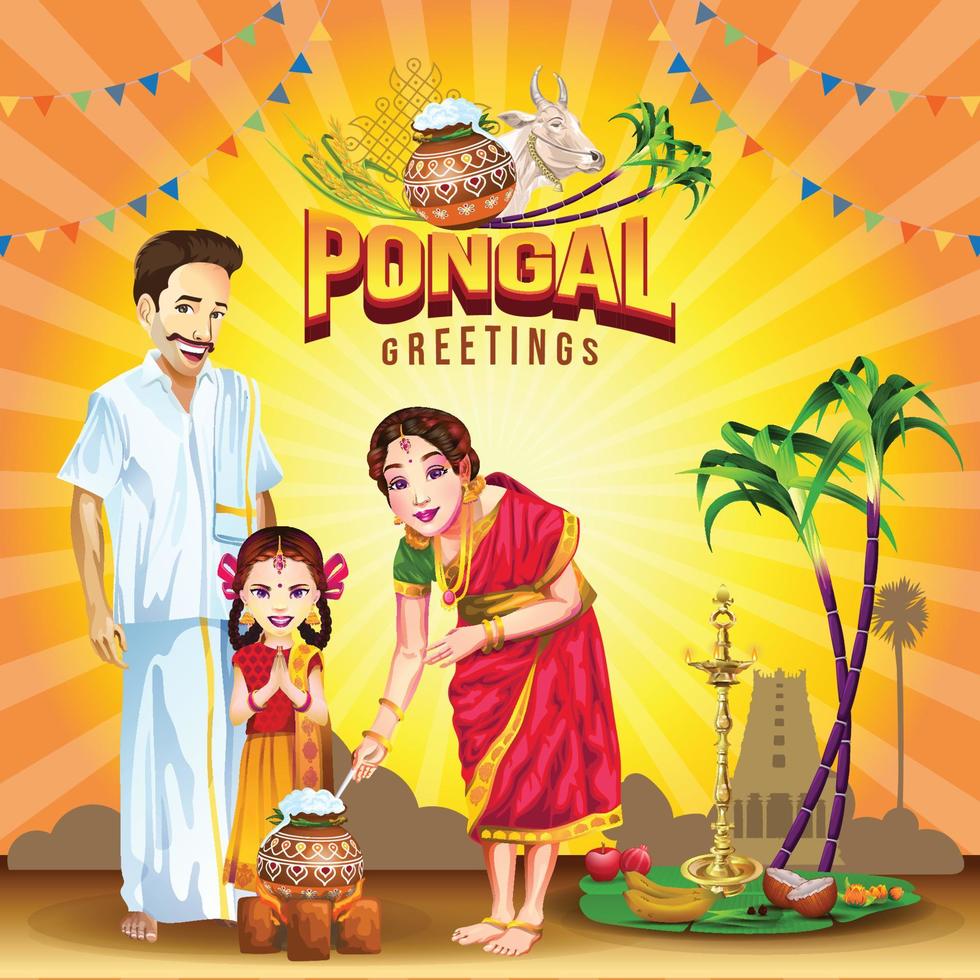 Pongal greetings with happy family celebrating vector