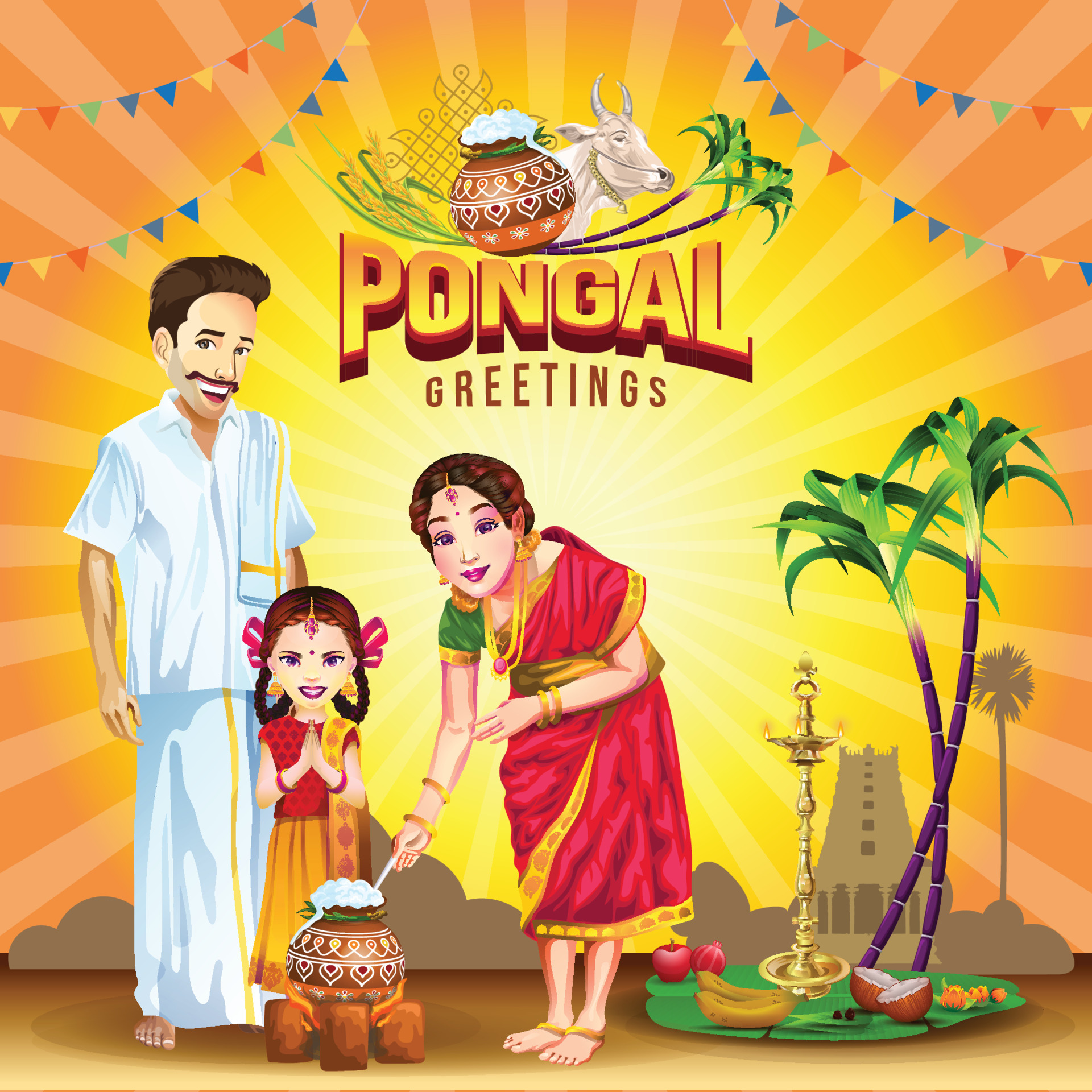 Pongal greetings with happy family celebrating 4737055 Vector Art at  Vecteezy