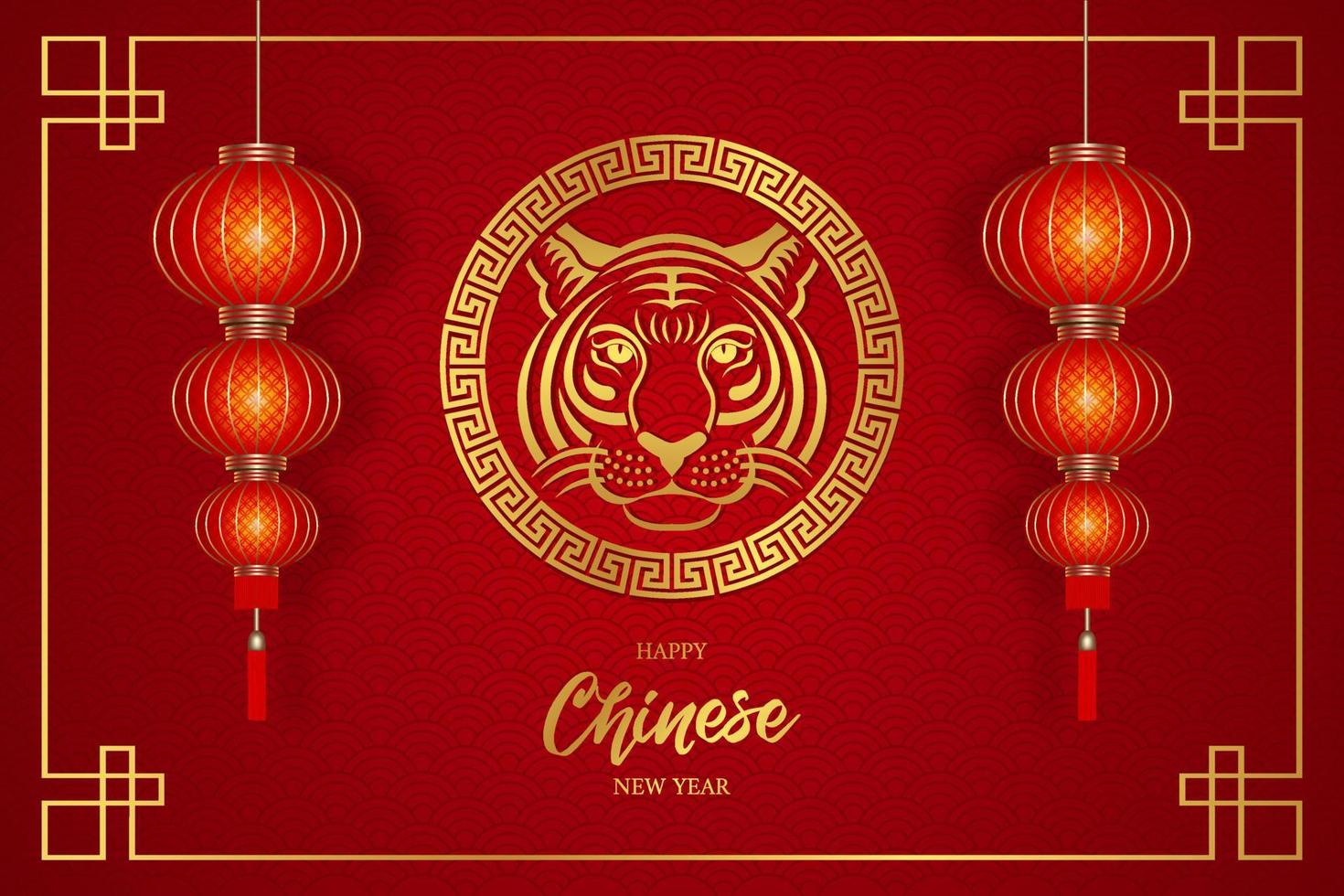 chinese new year background with gold tiger and red lanterns vector