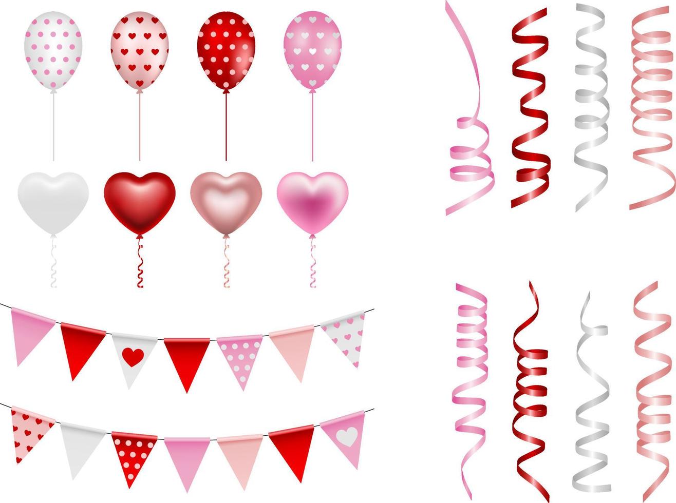 Conjunto de globos aislados, serpentinas y banderines, elementos de fiesta o día de San Valentín vector