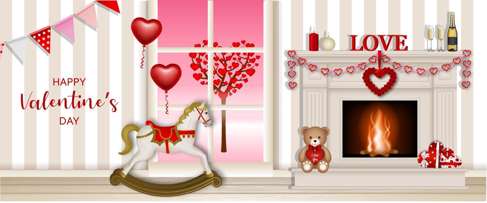 Valentines day banner with fireplace and rocking horse vector