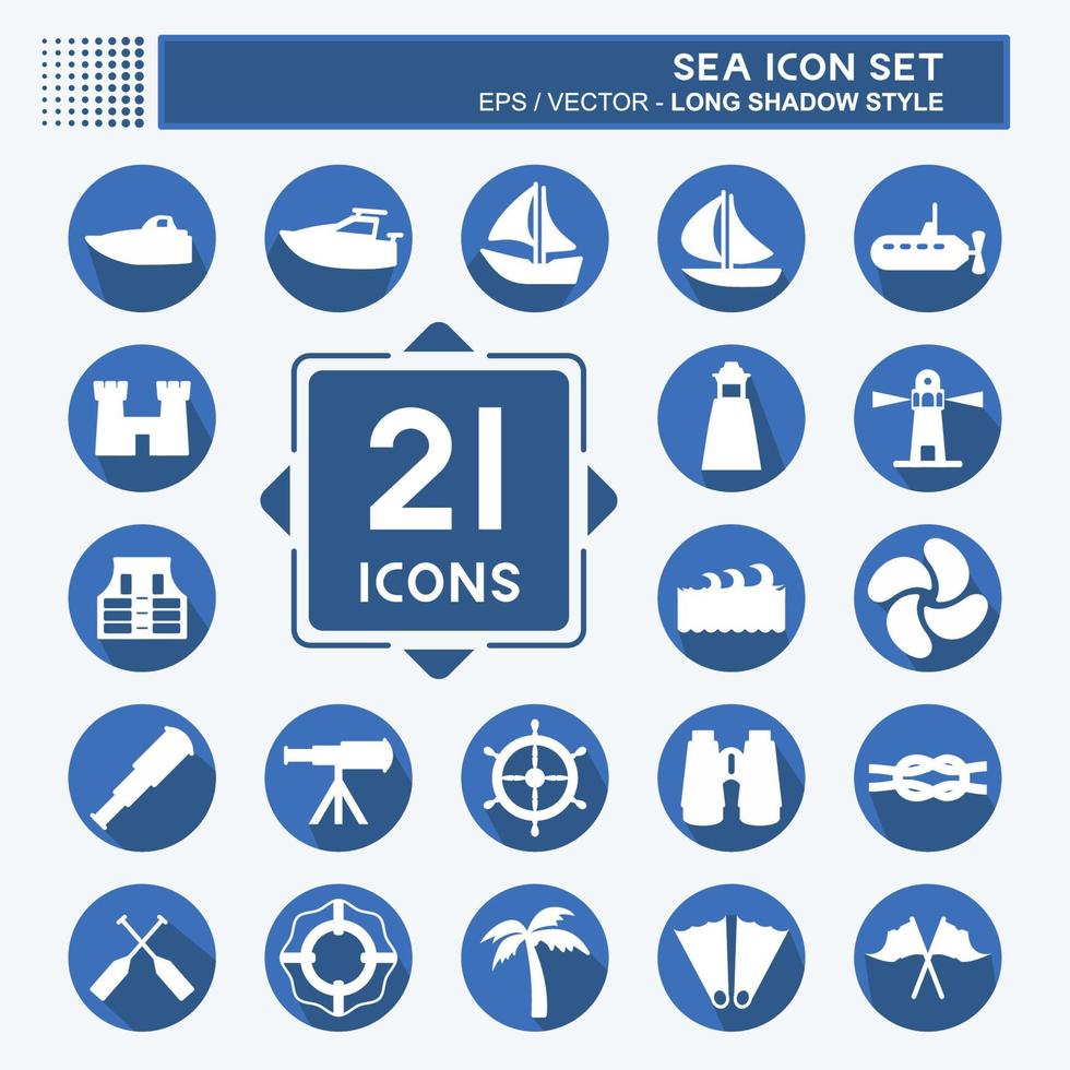 conjunto de iconos de mar - estilo de sombra larga - ilustración simple, trazo editable vector