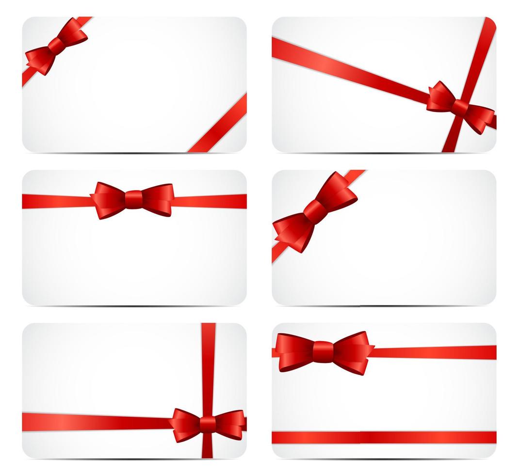 Gift Card Set with Red Ribbon and Bow. Vector illustration