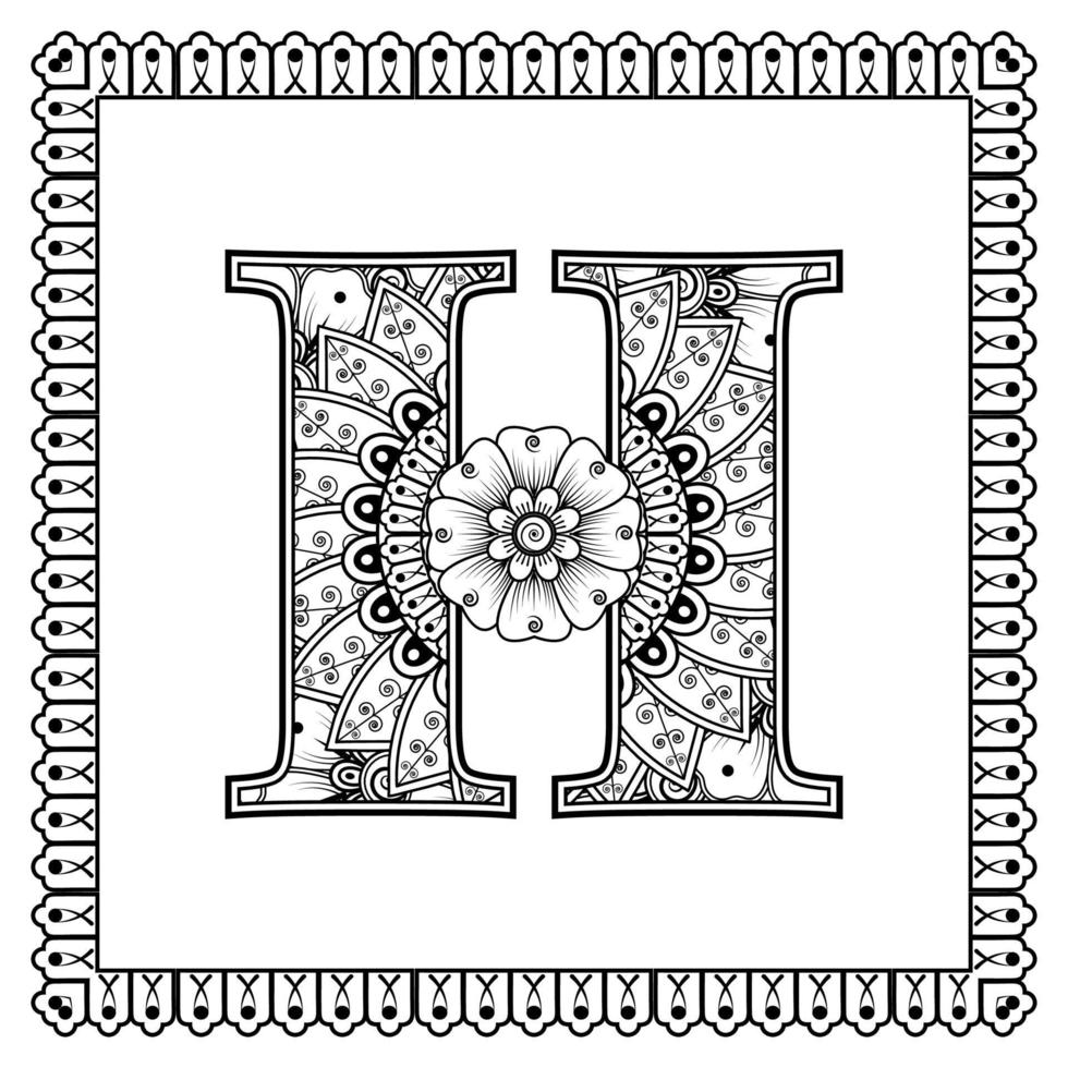 Letter H made of flowers in mehndi style. coloring book page. outline hand-draw vector illustration.