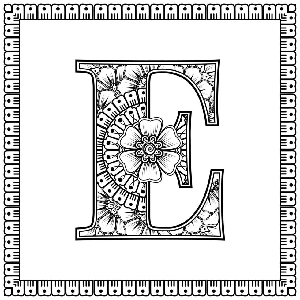 Letter E made of flowers in mehndi style. coloring book page. outline hand-draw vector illustration.