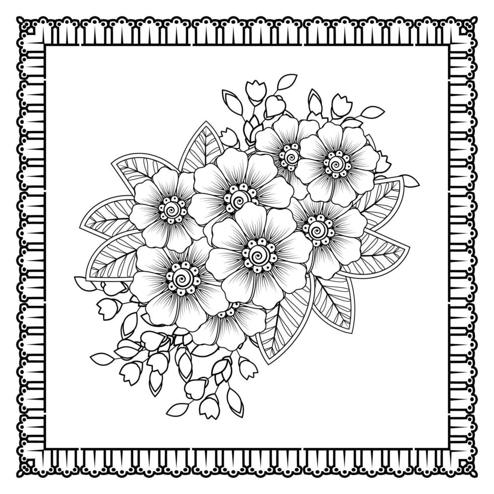 flor mehndi para henna, mehndi, tatuaje, decoración. adorno decorativo en estilo étnico oriental, adorno de doodle, dibujo a mano de contorno. página de libro para colorear. vector