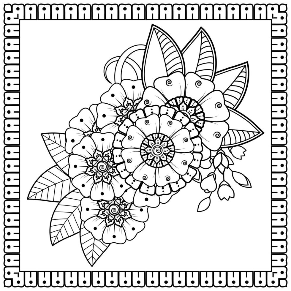 flor mehndi para henna, mehndi, tatuaje, decoración. adorno decorativo en estilo étnico oriental, adorno de doodle, dibujo a mano de contorno. página de libro para colorear. vector