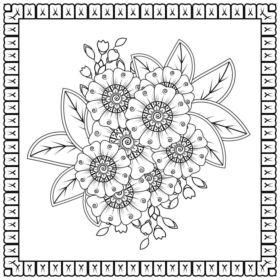 flor mehndi para henna, mehndi, tatuaje, decoración. adorno decorativo en estilo étnico oriental, adorno de doodle, dibujo a mano de contorno. página de libro para colorear. vector