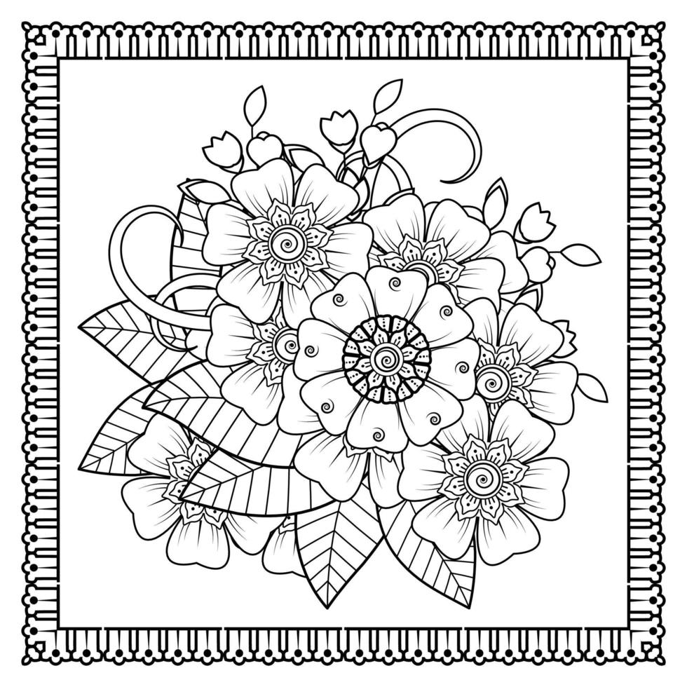 flor mehndi para henna, mehndi, tatuaje, decoración. adorno decorativo en estilo étnico oriental, adorno de doodle, dibujo a mano de contorno. página de libro para colorear. vector