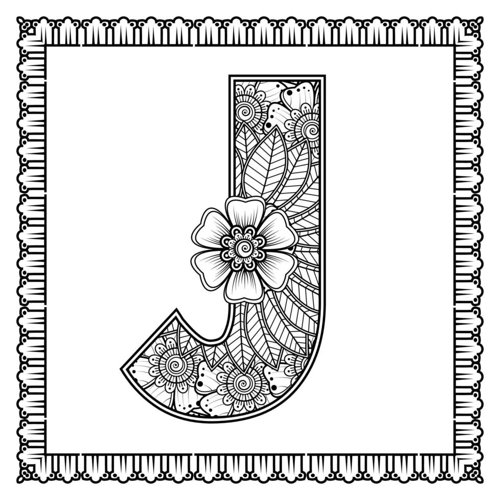 Letter J made of flowers in mehndi style. coloring book page. outline hand-draw vector illustration.