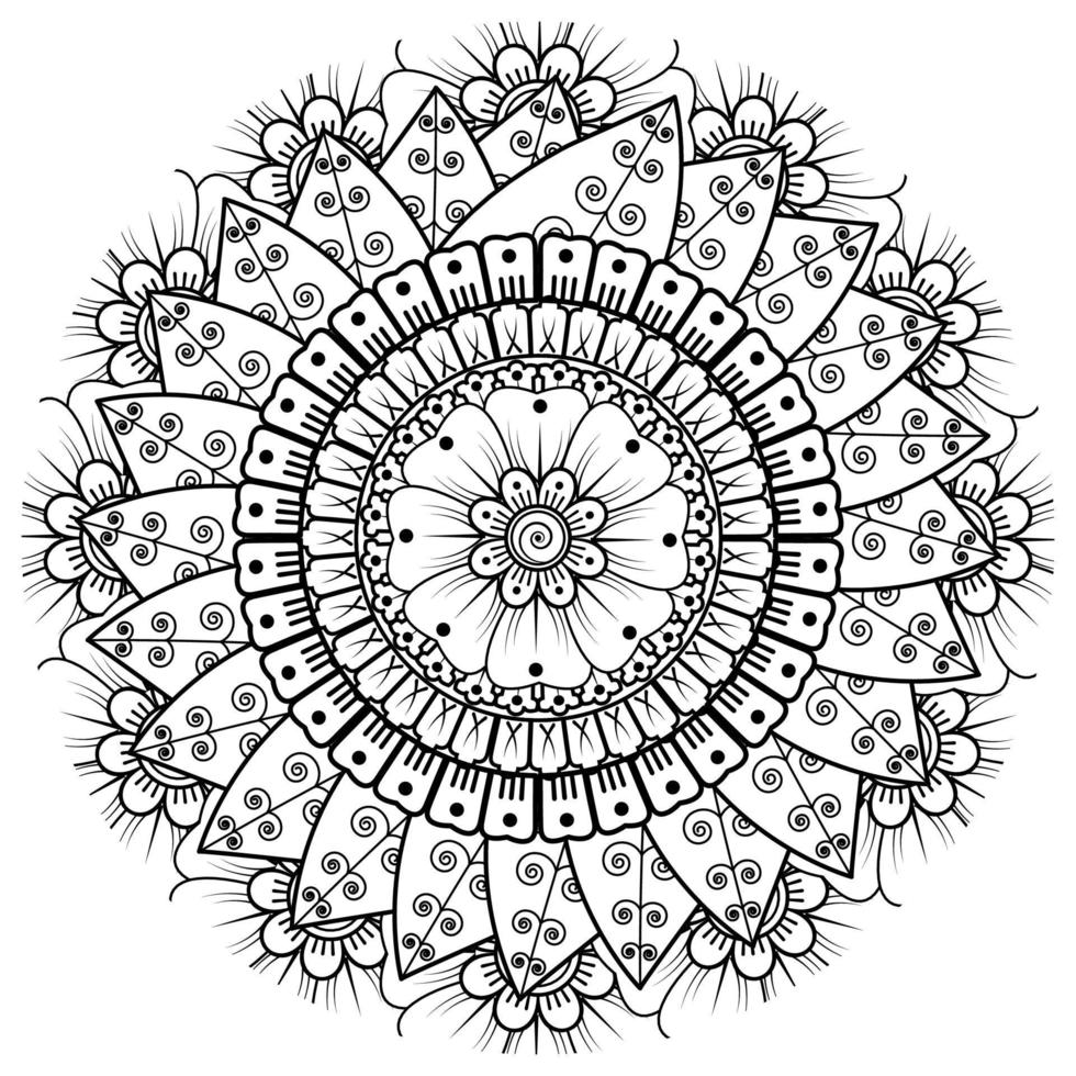 flor mehndi para henna, mehndi, tatuaje, decoración. adorno decorativo en estilo étnico oriental, adorno de doodle, dibujo a mano de contorno. página de libro para colorear. vector