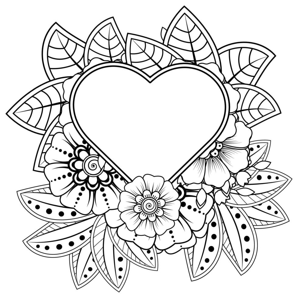 Mehndi flower with frame in shape of heart. decoration in ethnic oriental, doodle ornament. vector