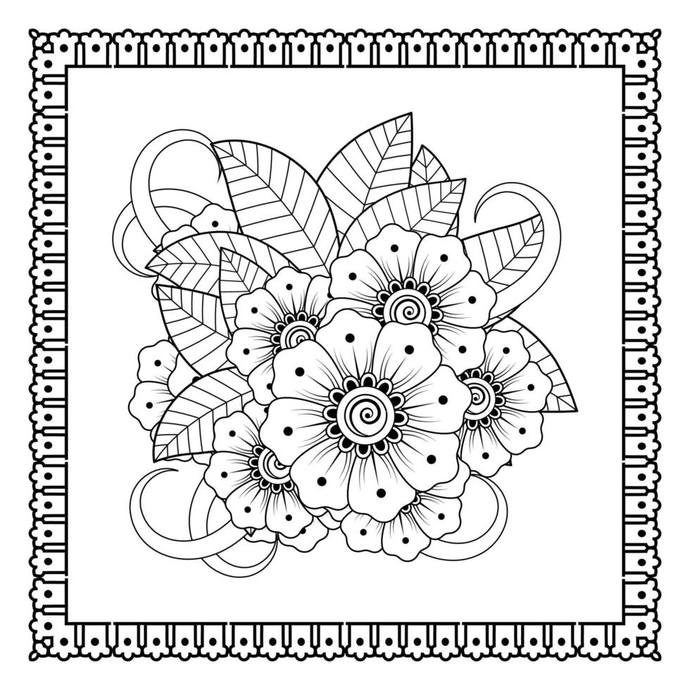 flor mehndi para henna, mehndi, tatuaje, decoración. adorno decorativo en estilo étnico oriental, adorno de doodle, dibujo a mano de contorno. página de libro para colorear. vector