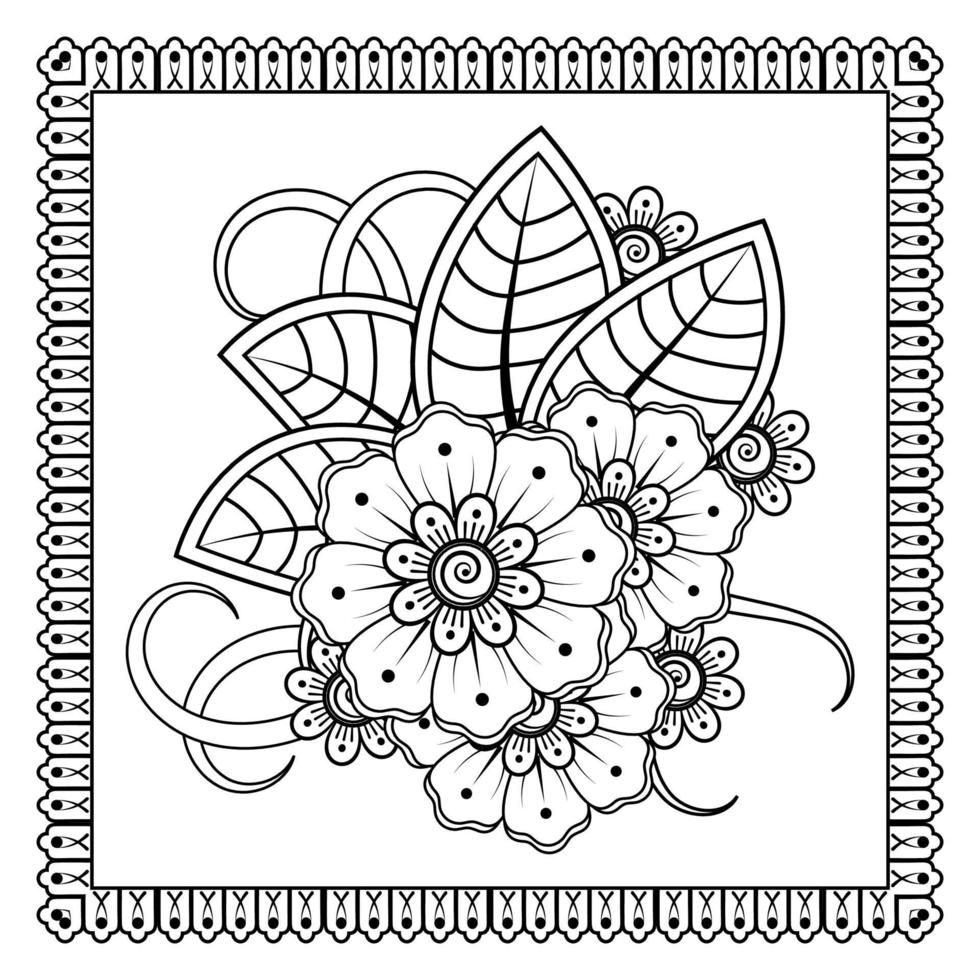 flor mehndi para henna, mehndi, tatuaje, decoración. adorno decorativo en estilo étnico oriental, adorno de doodle, dibujo a mano de contorno. página de libro para colorear. vector