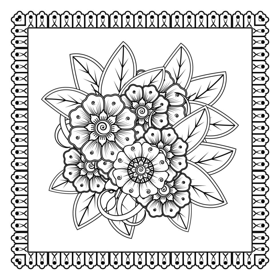 flor mehndi para henna, mehndi, tatuaje, decoración. adorno decorativo en estilo étnico oriental, adorno de doodle, dibujo a mano de contorno. página de libro para colorear. vector