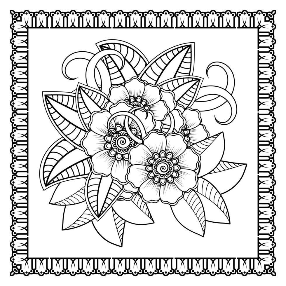 flor mehndi para henna, mehndi, tatuaje, decoración. adorno decorativo en estilo étnico oriental, adorno de doodle, dibujo a mano de contorno. página de libro para colorear. vector