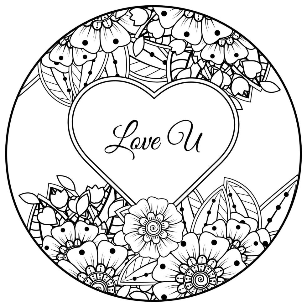 Mehndi flower with frame in shape of heart. decoration in ethnic oriental, doodle ornament. vector