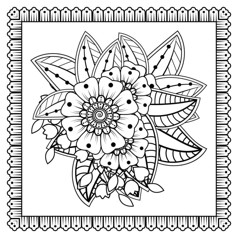 flor mehndi para henna, mehndi, tatuaje, decoración. adorno decorativo en estilo étnico oriental, adorno de doodle, dibujo a mano de contorno. página de libro para colorear. vector