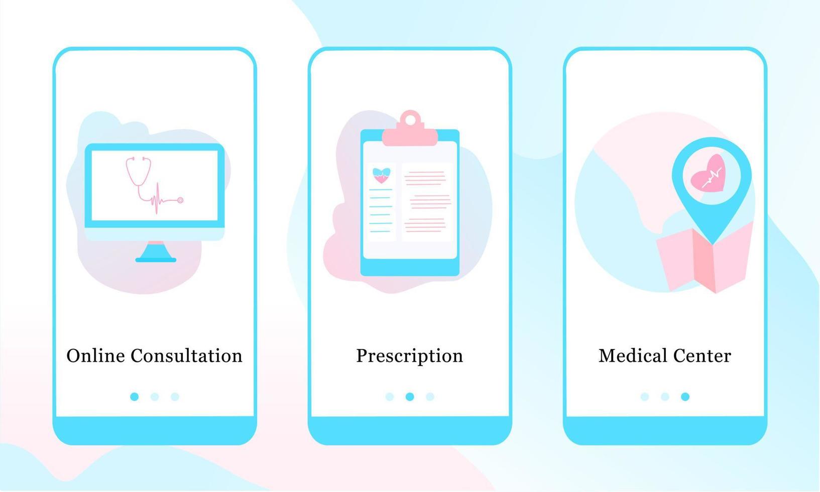 Application design set for Online Consultation, Prescription, Medical Center. UI onboarding screens design. Mobile app 3D isometric template web site. Modern vector illustrations for user interface.