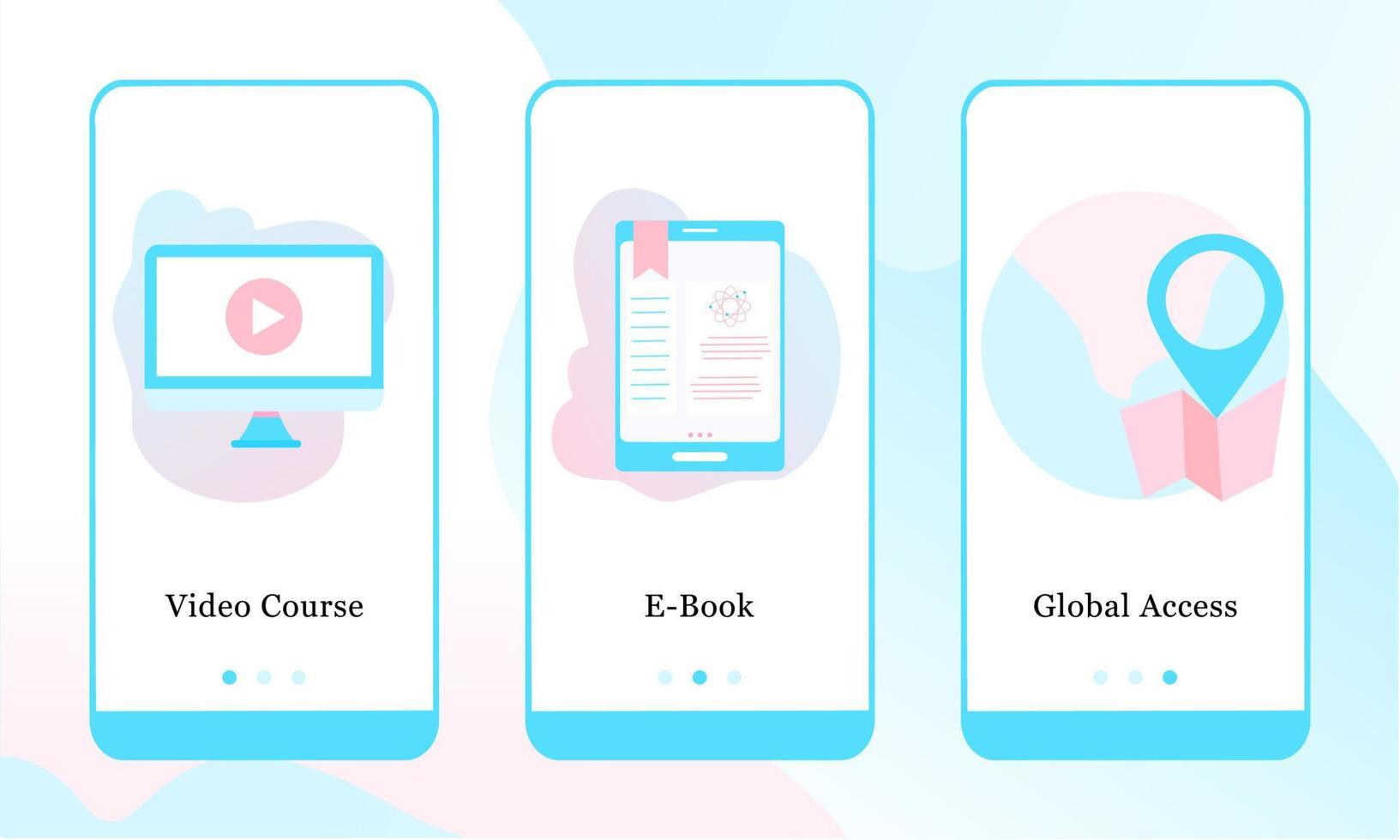 Mobile application design template set for Video Course, E-book and Global Course. UI on boarding screens design concept. 3D Isometric online course in modern vector illustrations for user interface.