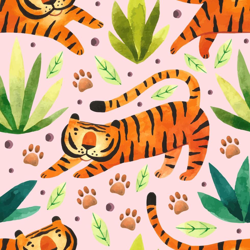 Tigers in rainforest big wild cats and tropical plants zodiac symbol of the year watercolor hand drawn seamless pattern texture background packaging design vector