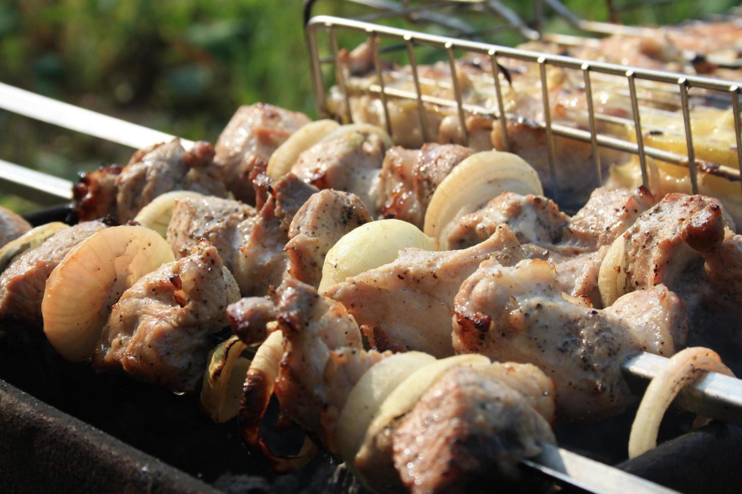 Juicy meat on a skewer is fried on a fire photo