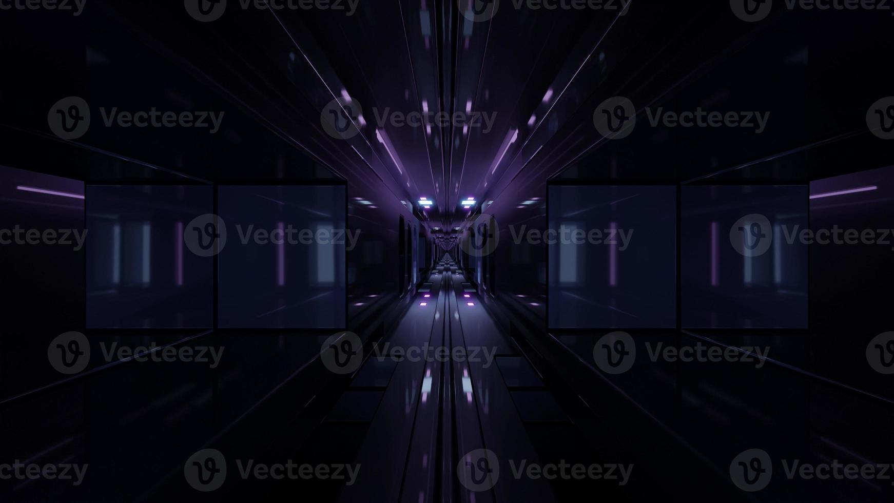 3D illustration of symmetric dark corridor with purple light in 4K UHD photo
