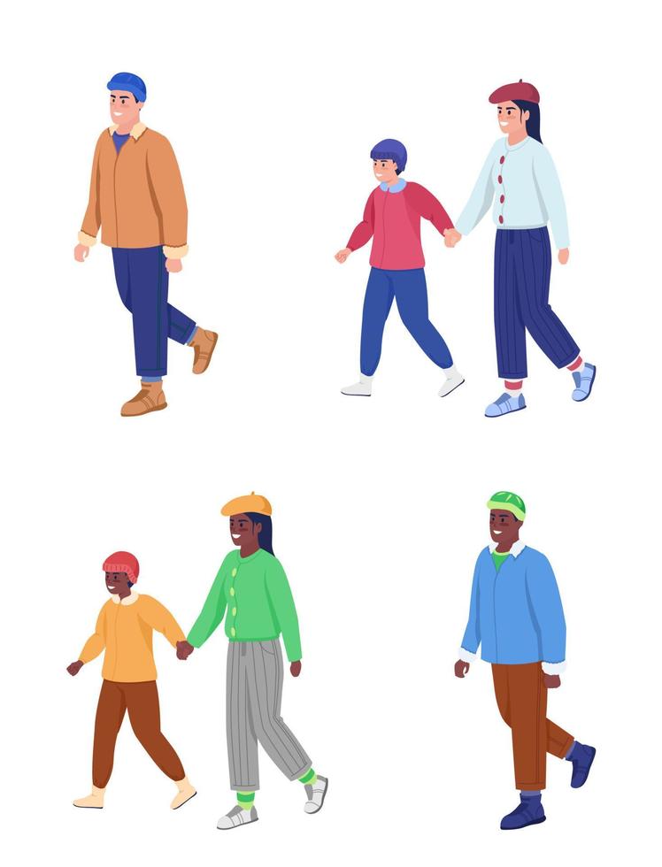 People on winter walk semi flat color vector character set