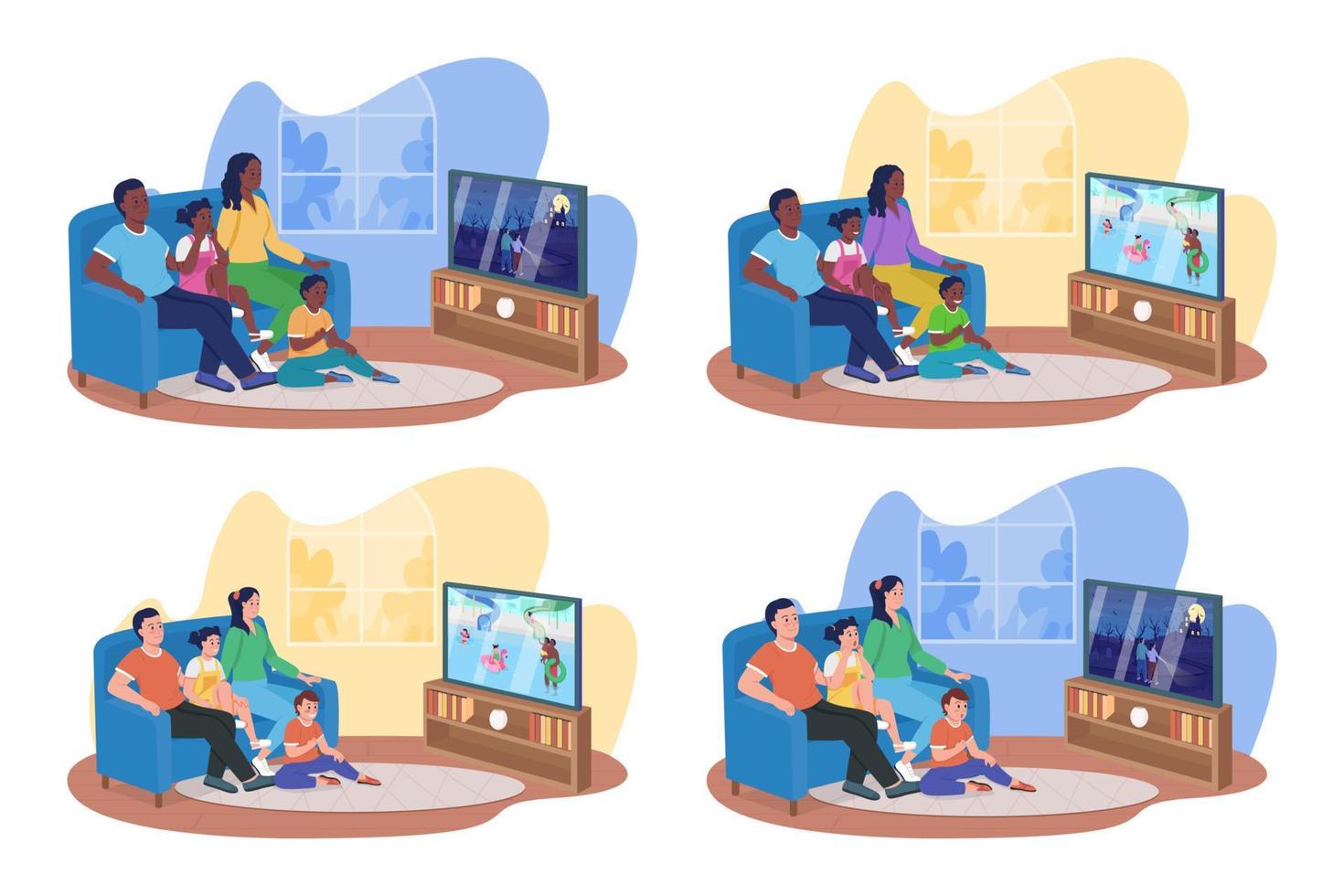 Watching tv with family 2D vector isolated illustration set