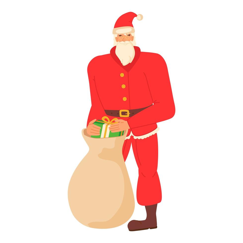 santa claus sosteniendo una bolsa con regalos en estilo plano de dibujos animados. vector